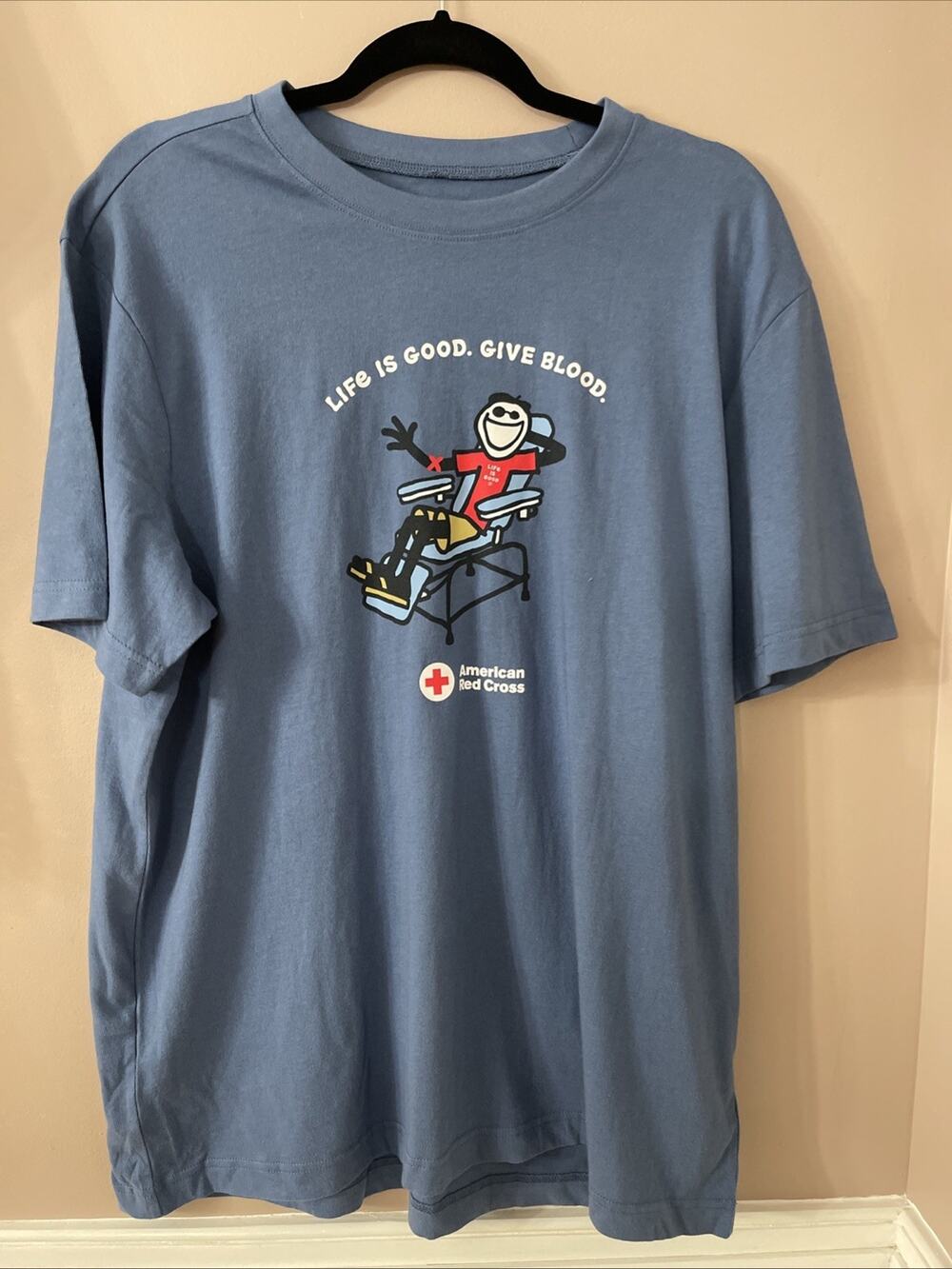 Life Is Good T-Shirt Mens Large Blue Donor Give Blood American Red Cross New